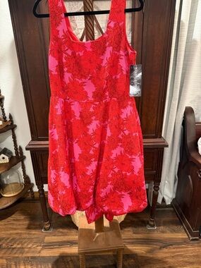 Nina Leonard Pink and Red Floral Sleeveless Midi Dress